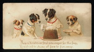 Cães a servir um pudim de Natal, cartão de felicitações. (chromolitho) de English School