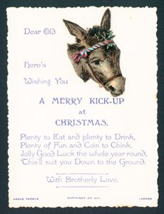 Burro com visco dobrado em arreios, cartão de Natal de English School