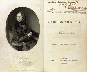 Página dupla espalhada com um retrato de Dickens e uma dedicatória de Dickens a William Harrison Ainsworth de English School