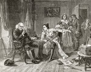 Dr. Samuel Johnson, lendo o manuscrito de &39;The Vicar of Wakefield&39;, de &39;London Pictures: Drawn with Pen and Pencil&39;, do Rev. Richard Lovett, publicado em 1890 (lito) de English School
