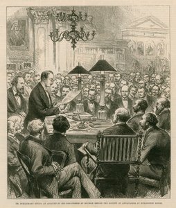 Dr. Schiemann dando conta de suas descobertas em Micenas antes da Sociedade de Antiquários em Burlington House de English School