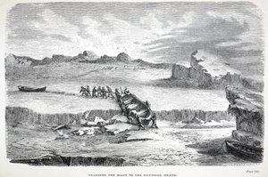 Arrastando os barcos para a Ilha Illuidlek, pub. Londres 1886 de English School