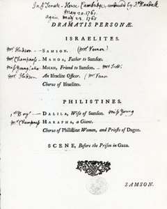 Dramatis Personae para Samson, um Oratório de Handel, publicado em 1759 de English School