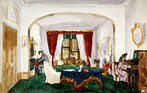 Interior da sala de desenho, mulher ao piano, homem de chapéu de coco, c.1850 (aguarela sobre papel) de English School