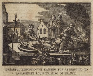 Terrível execução de Damiens por tentar assassinar Luís XV rei da França de English School