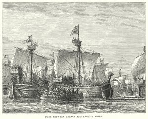 Duelo entre navios franceses e ingleses (gravura) de English School