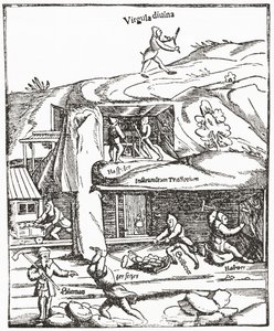Representação antiga da vara de adivinhação, mostrando uma figura com uma vara de mergulho acima do solo à procura de água, carvão ou ouro e os mineiros abaixo do solo a trabalhar para encontrar carvão. Da revista The Strand Magazine publicada em 1897. de English School