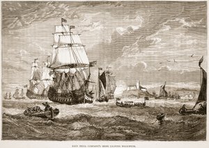 Os navios de East India Companys que saem de Woolwich, ilustração da história ilustrada de Cassells da Índia por James Grant, bar. 1879 de English School