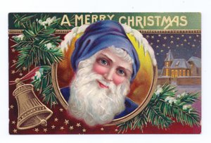Postal de Natal eduardiano do Pai Natal com azevinho e um sino, c.1910 (litografia a cores) de English School