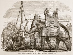 Elefante equipado para a batalha, com a armadura, o howdah, etc., ilustração da história ilustrada Cassells da Índia por James Grant, bar. 1879 de English School