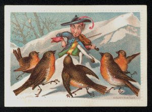Elfo com um violino entretendo um grupo de robins, cartão de Boas Festas de Ano Novo. (chromolitho) de English School