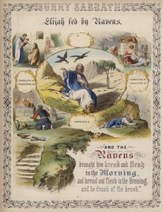 Elijah alimentado por corvos (gravura colorida) de English School