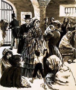 Elizabeth Fry tornou-se activista da reforma prisional depois de visitar a prisão de Newgate (guache no papel) de English School