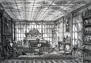 Sala de jantar isabelina, publicada em The House-Furnisher & Decorator, 1º de outubro de 1872 de English School