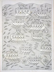 Inimigos dos assírios se refugiando em navios, placa 71 de Nínive e seus restos mortais por Austen Henry Layard (1817-1894) publicado em 1849 de English School