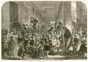 Envolvendo as crianças para a pantomima de Natal no Drury Lane Theatre, em Londres de English School