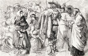 Protestantes ingleses sendo afogados pelos católicos irlandeses durante a rebelião irlandesa de 1641, c.1865 (gravura em madeira) de English School