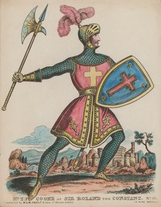 O actor inglês Thomas Potter Cooke como Sir Roland the Constant em King Arthur (gravura a cores) de English School