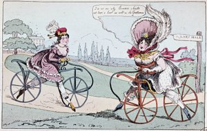 Desenho animado inglês sobre cavalos de hobby em 1819 (primeiras bicicletas) - em "Le cycling théorique et pratique" de Baudry de Saulnier de English School