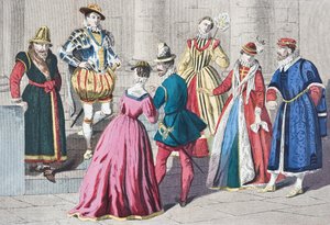 Modas inglesas do século XVI, de "A História Nacional e Doméstica da Inglaterra", de William Hickman Smith Aubrey (1858-1916) publicaram Londres, c.1890 de English School