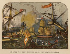 Navios de guerra ingleses a arder entre a Armada Espanhola (gravura a cores) de English School