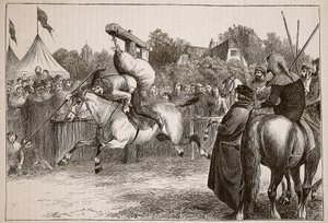 Inglês feliz no século XIV: Inclinando-se no Quintain, ilustração da história ilustrada de Cassells da Inglaterra (foto sépia) de English School