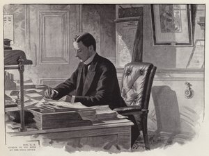 O político inglês George Curzon a trabalhar no seu escritório no escritório da Índia (litho) de English School