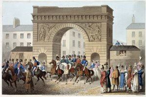 Ingleses e aliados entraram em Paris em "Historical, military and naval anecdotes and incidents that arrived at the arms of Great Britain and their allies, ending in Waterloo" de Edward Orme. Ilustrado por Fry, Sutherland, Clark, Dubourg, W.Heart, JA, Atki de English School