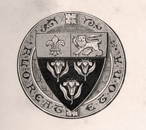 Escudo de Eton colocado sobre a roda com o lema da escola, ilustração de Memórias de Eminentes Etonianos, de Sir Edward Creasy, publicado em Londres em 1876 de English School