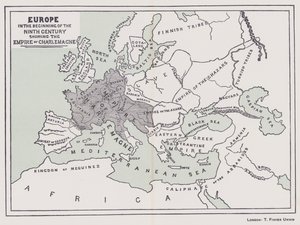 Europa, no início do século IX, mostrando o império de Carlos Magno (litografia a cores) de English School