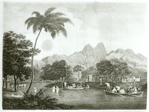 Missionários europeus em uma aldeia taitiana, de uma viagem missionária ao Oceano Pacífico do Sul, realizada nos anos 1796-98 no navio Duff, publicada em 1799 de English School