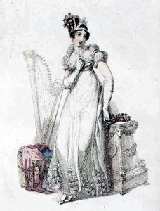 Vestido de noite, placa de moda do Repositório de Artes da Ackermann (gravação colorida) de English School