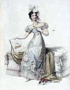 Vestido de noite, placa de moda do Repositório de Artes da Ackermann (gravação colorida) de English School