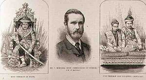 Expedição à Alta Birmânia: Rei Theebaw (1858-1916) no Estado, Sr. T. Bernard, Comissário Chefe de Burmah, agora em Mandalay, Rei Theebaw e sua Rainha, Soopya-Lat, do The Illustrated London News, de English School