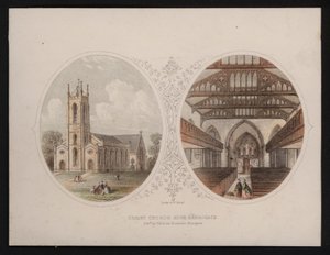 Vista exterior e interior da Igreja Chriist, Harrogate, Yorkshire (gravura colorida) de English School