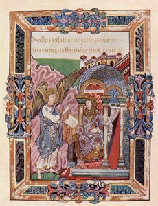 Fac-símile de uma página do Ethelwold Benedictional mostrando a Anunciação, do livro A Igreja da Inglaterra: Uma História para o Povo, publicado em 1910 de English School