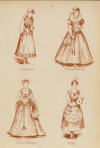 Fatos de fantasia: Alsaciano, Amy Robsart, Ana Bolena, Ar (litografia) de English School