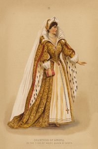 Fatos de fantasia: Condessa de Argyll, no tempo de Maria, Rainha dos Escoceses (litografia a cores) de English School