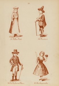 Fatos de fantasia: Pilar, Puritano, Feijão à moda antiga, Arlequinette (litografia) de English School