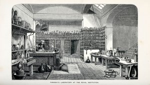 Laboratório de Faraday na Royal Institution, pub. 1870. de English School