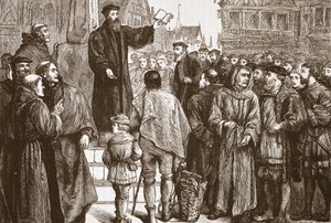 Farel pregando no mercado de Neuchâtel, ilustração de The History of Protestantism por James Aitken Wylie (1808-1890), pub. 1878 de English School