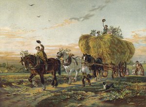Agricultores retornando dos campos com feno Wagon