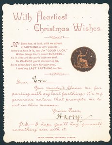 Farthing com furo, cartão de Natal de English School