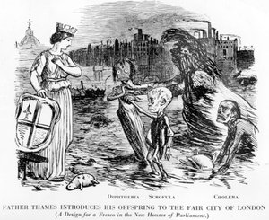 Padre Tâmisa Apresentando sua descendência à Feira de Londres, sendo os filhotes Diptheria, Scrofula e Cólera. Mais um esgoto a céu aberto do que um rio, o estado repugnante do Tâmisa em Londres. de English School