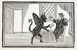 Fausto, advertido pelo Espírito, esperava o seu fim, ilustração dos livros de capítulos do século XVIII, de autoria de John Ashton, pub. 1882 de English School