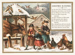 Alimentando animais na neve, cartão de Natal de English School