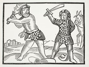 Ferragus cria um poderoso exército e sitia a cidade de Acquitain, ilustração de Chap-books do século XVIII de John Ashton, pub. 1882 de English School