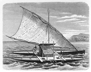 Canoa dupla de Fiji, de "A História da Humanidade", Vol. 1, do Prof. Friedrich Ratzel, 1896 (gravura) de English School