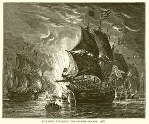 Navios de fogo atacando a armada espanhola, 1588 de English School