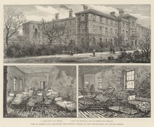 Incêndio em Forest Gate, Stratford, a Escola Distrital das Uniões de Whitechapel e Choupo (gravura) de English School